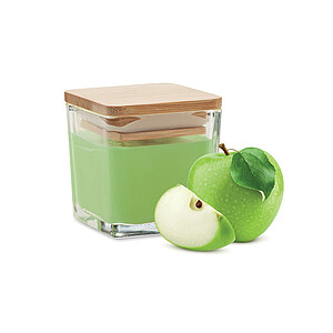 Fragranced plant based wax candle in squared glass holder with a bamboo lid