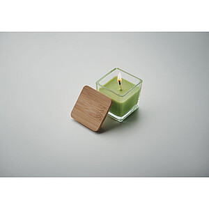 Fragranced plant based wax candle in squared glass holder with a bamboo lid