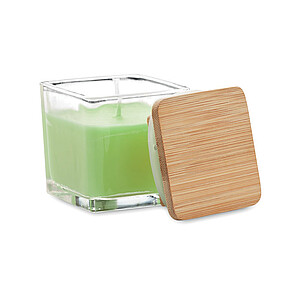 Fragranced plant based wax candle in squared glass holder with a bamboo lid