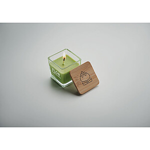 Fragranced plant based wax candle in squared glass holder with a bamboo lid