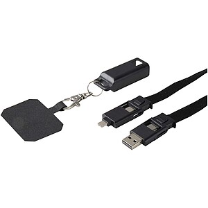Franz recycled plastic smartphone lanyard with built-in data sync and 65W fast charge 5-in-1 cable, solid black