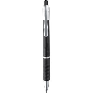 Frosted plastic ball pen with grooved rubber grip zone, black