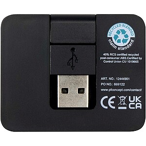 Gaia 4-port USB hub with USB-A and Type-C output and dual input - made from recycled plastic, solid black