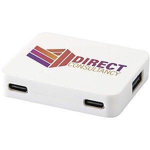 Gaia 4-port USB hub with USB-A and Type-C output and dual input - made from recycled plastic, white