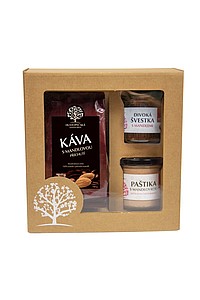 gift set of coffee, pâtés with almonds and wild plums with almonds