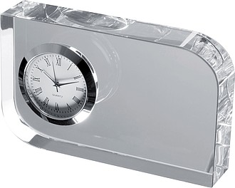 Glass block with small clock, transparent
