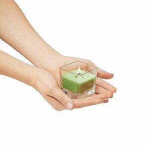 Glass box candle with bamboo lid, green