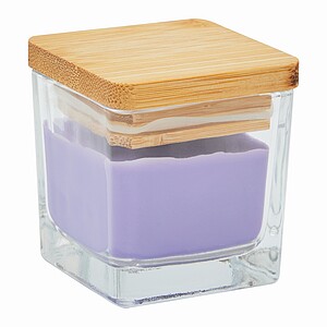 Glass box candle with bamboo lid, purple
