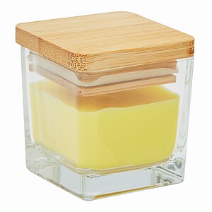 Glass box candle with bamboo lid, yellow