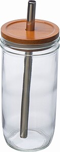 Glass mug with bamboo lid and straw
