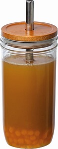 Glass mug with bamboo lid and straw