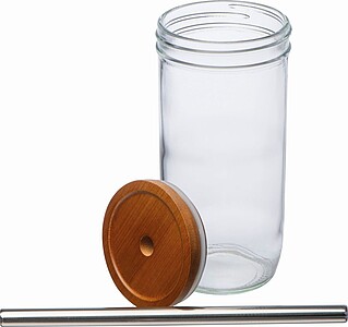 Glass mug with bamboo lid and straw