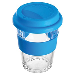 Glass mug with silicon sleeve and lid