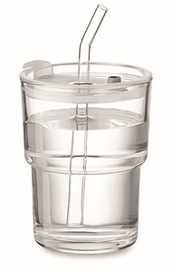 Glass tumbler with straw 400ml, transparent