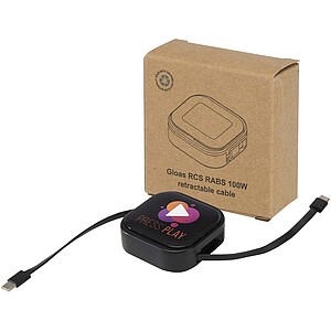 Gloas 5-in-1 recycled retractable data sync and 100W fast charge cable with smartphone tool kit, solid black