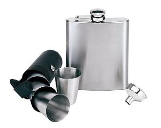 Hip flask set "Gentleman", 7 pieces, approx. 210ml,colour black, silver
