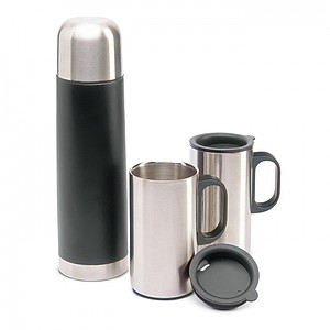 Insulation flask with 2 mugs, black