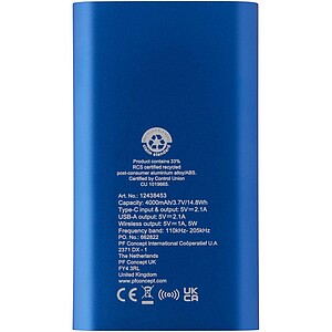 Juice 4000 mAh Type-C recycled aluminium wireless power bank, royal blue