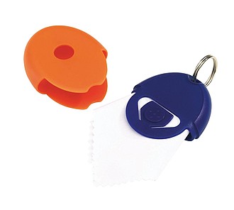 Key ring with a microfiber cloth for cleaning glasses or camera lenses,colour blue, orange