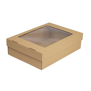 Kraft box with a transparent window in the lid, size 330x230x90 mm, brown