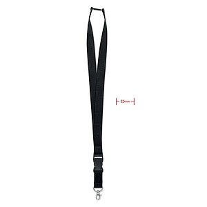 Lanyard with metal hook, detachable buckle and safety breakaway. 25mm wide.