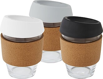 Lidan 360 ml borosilicate glass tumbler with cork grip and silicone lid
