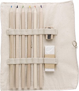 Linen and cotton sleeve with 6 coloured pencils, pencil sharpener, and eraser.