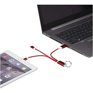 Metal 4-in-1 recycled aluminium charging cable with keychain, red