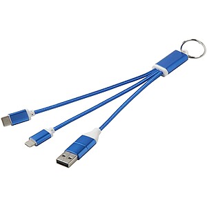 Metal 4-in-1 recycled aluminium charging cable with keychain, royal blue