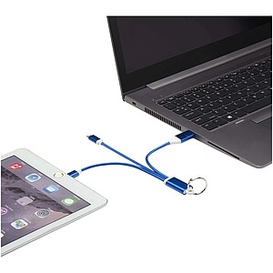 Metal 4-in-1 recycled aluminium charging cable with keychain, royal blue