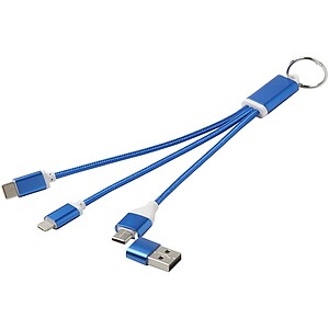 Metal 4-in-1 recycled aluminium charging cable with keychain, royal blue
