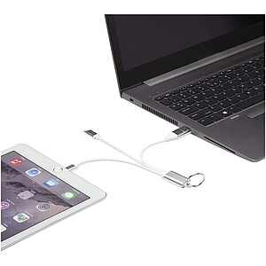 Metal 4-in-1 recycled aluminium charging cable with keychain, silver