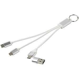 Metal 4-in-1 recycled aluminium charging cable with keychain, silver