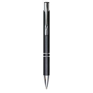 Metal, rubberized ballpen, with two silver-coloured rings and a silver tip and clip, blue ink.