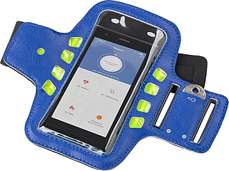 Neoprene and PU mobile phone holder with three LED lights on either side of the cover.