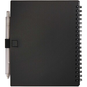 Niove recycled plastic soft cover notebook and ballpoint pen set (blue ink), solid black