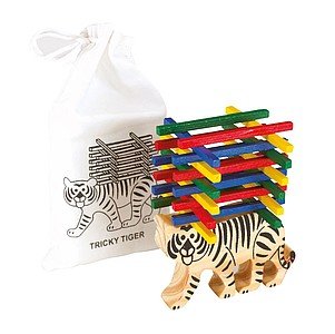 Patience game "Tricky Tiger" consists of a wooden tiger with black imprint,colour beige