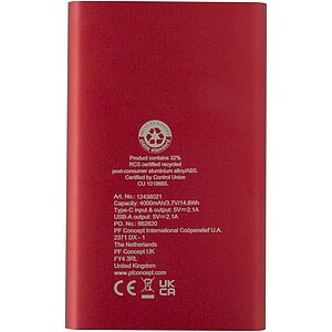 Pep 4000 mAh Type-C recycled aluminium power bank, red