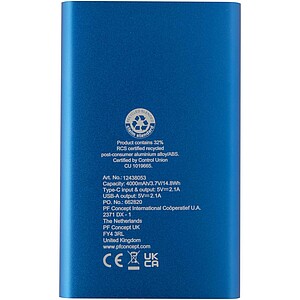Pep 4000 mAh Type-C recycled aluminium power bank, royal blue