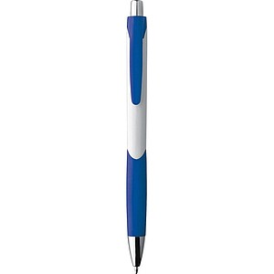 Plastic ball pen with a white shaft and rubber grip zone, blue