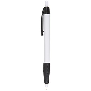 Plastic ballpen with a black clip and rubber grip