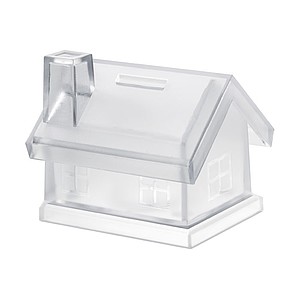 Plastic house coin bank, transparent