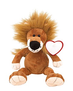 Plush lion "Fetzy" with soft fur and a heart for printing,colour brown, white