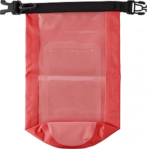 Polyester (210T) watertight bag with PVC phone pouch and plastic closure.