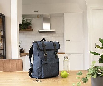 Polyester (300D + 210D) backpack with zippered front pocket.