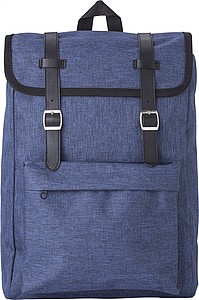 Polyester (300D + 210D) backpack with zippered front pocket.