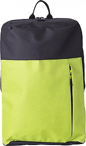 Polyester (600D) backpack with zippered front pocket. Adjustable and padded shoulder straps.