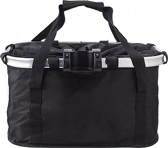 Polyester (600D) bicycle bag, attaches to the handlebar with metal ring and Velcro.