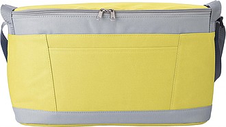 Polyester (600D) cooler bag with PEVA lining on the interior. Open front pocket.