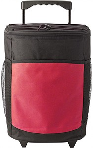 Polyester (600D) cooler trolley bag with extendable handle and 2 wheels.